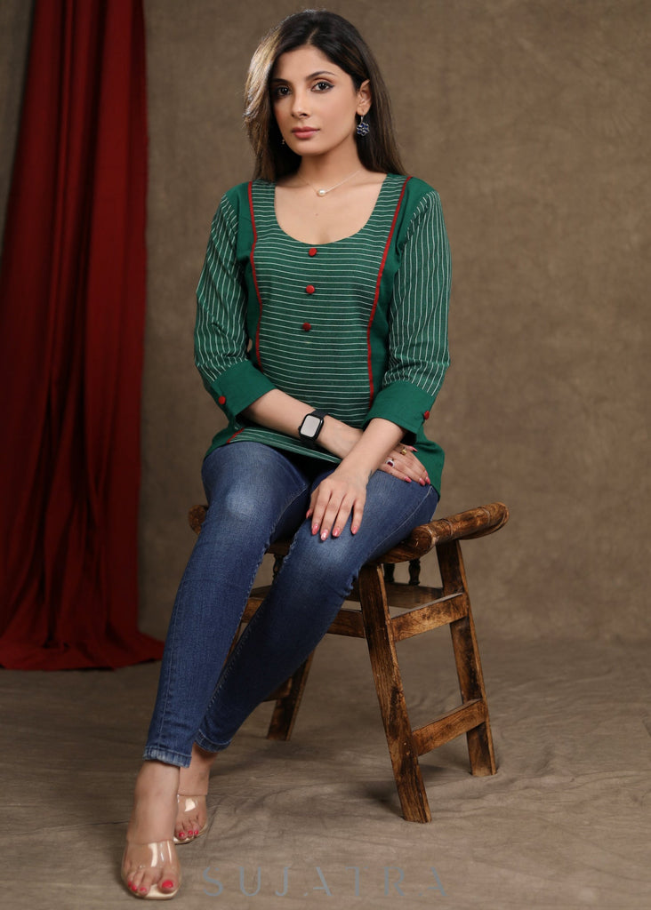 Trendy Green Cotton Ikkat Combination Top with Maroon Detailing