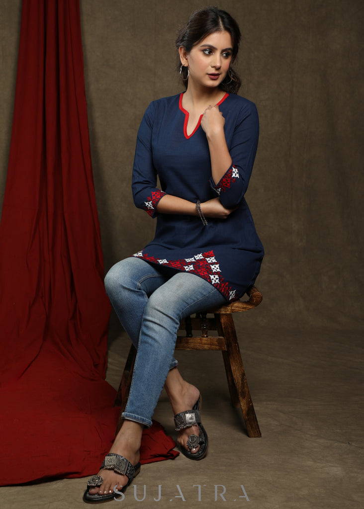 Casual navy blue cotton tunic with embroidery