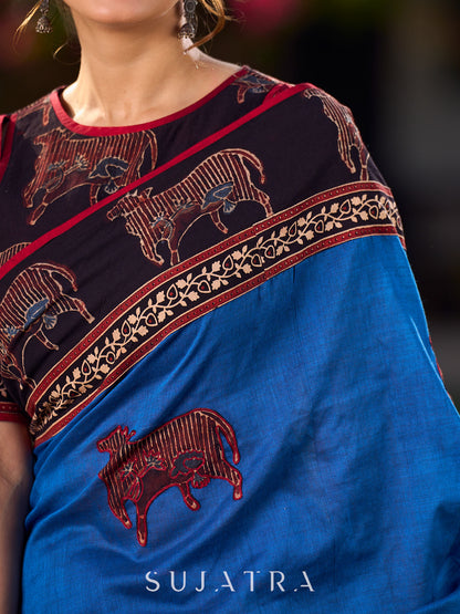 Chic Blue Saree with Pichwai Print Border and Applique Work in Pallu