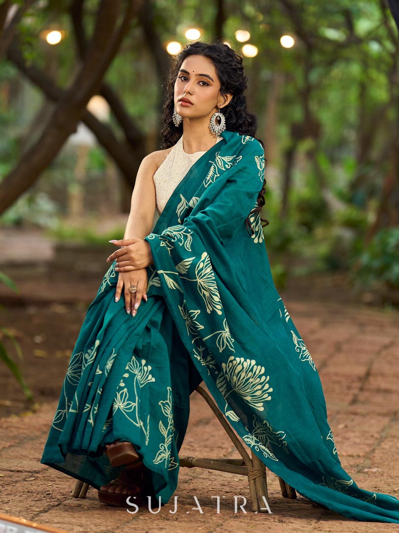 Elegant Rama Green Cotton Saree with Delicate Floral Hand Block Print
