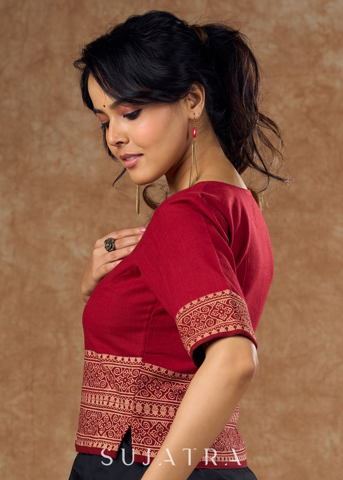 Dussehra Sale — Maroon cotton and traditional Ajrakh print in this top style blouse - Optional Saree