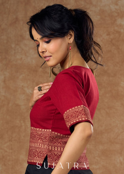 Maroon cotton and traditional Ajrakh print in this top style blouse - Optional Saree