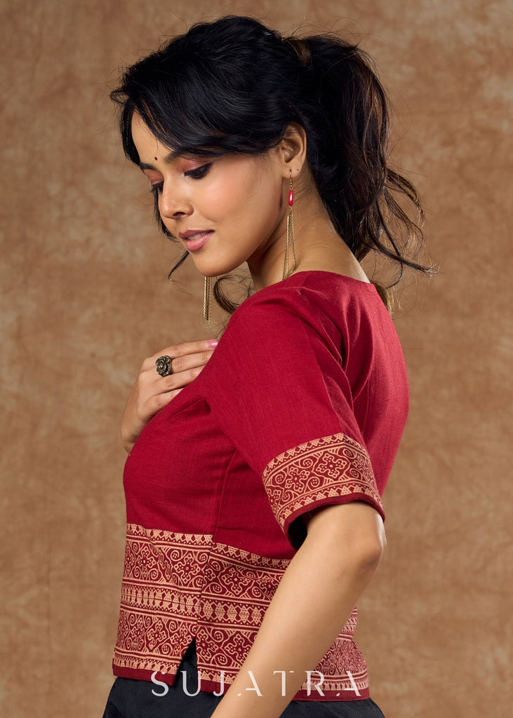 Maroon cotton and traditional Ajrakh print in this top style blouse - Optional Saree
