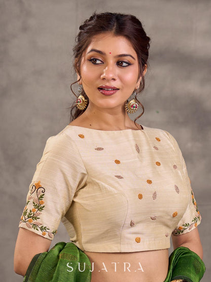 Cream Cotton Silk Blouse with Floral Hand Embroidery All-over & Sleeves