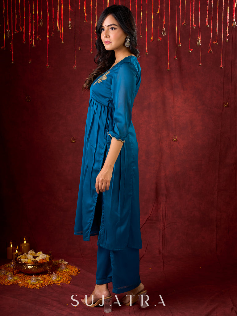 Teal Elegance Silk Panel Kurta with Minimalist Embroidery