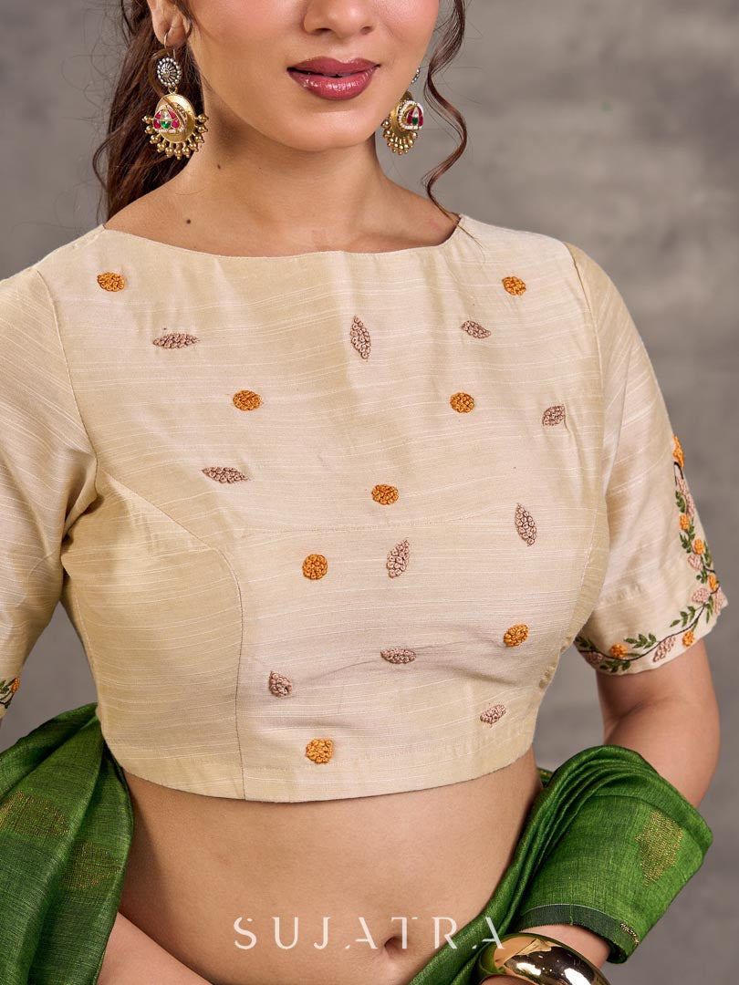 Cream Cotton Silk Blouse with Floral Hand Embroidery All-over & Sleeves