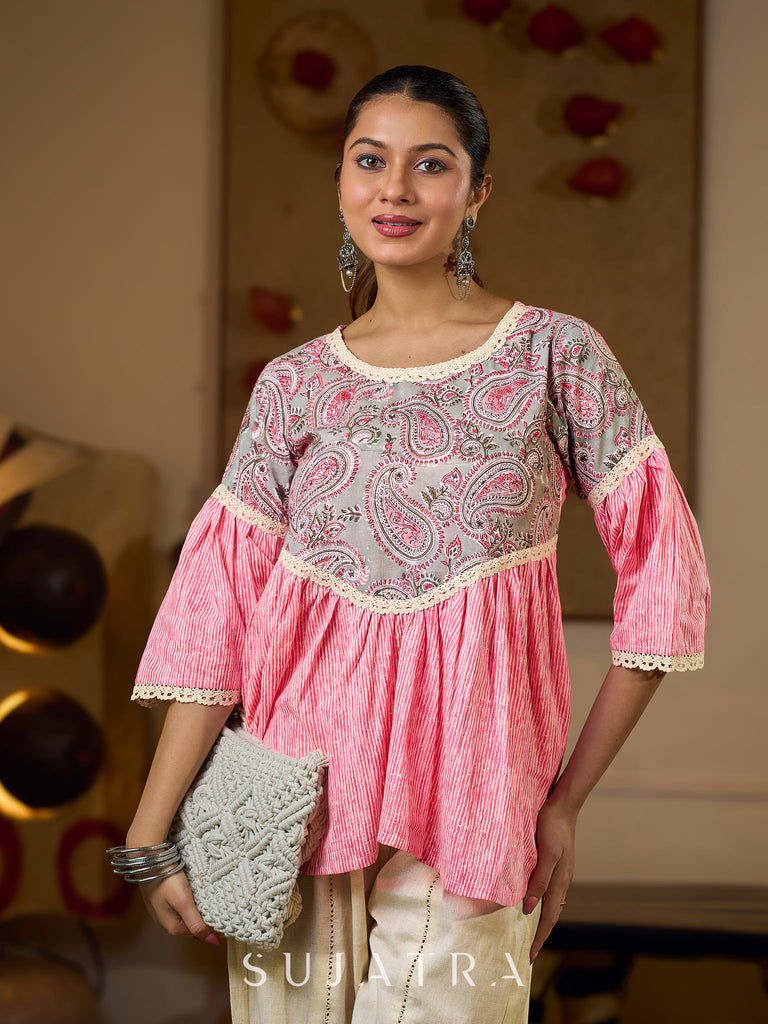 Graceful Pink Gathered Top Featuring A Paisley Printed Yoke And Coordinated Sleeves