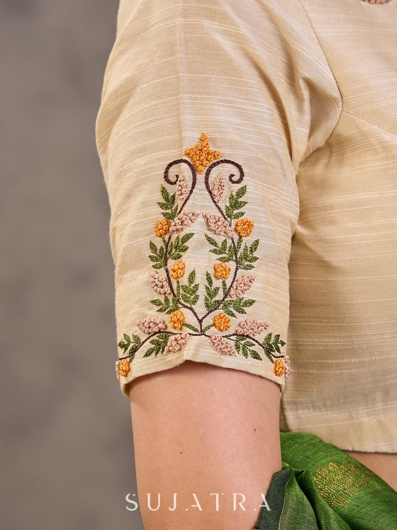 Cream Cotton Silk Blouse with Floral Hand Embroidery All-over & Sleeves