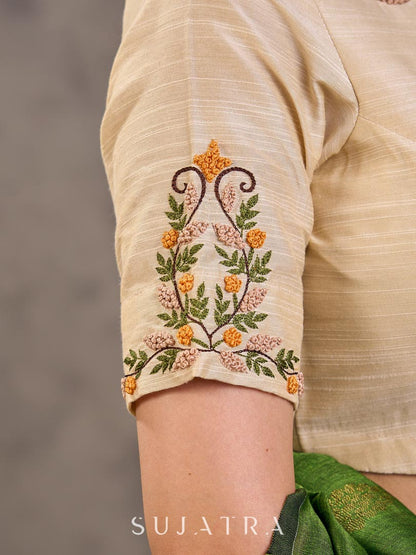 Cream Cotton Silk Blouse with Floral Hand Embroidery All-over & Sleeves