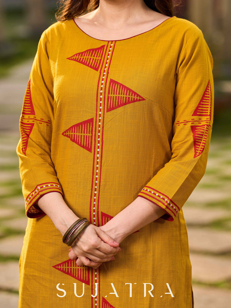 Mustard Cotton Kurta With Hand Block Printed Geometric Motifs & Border Detailing