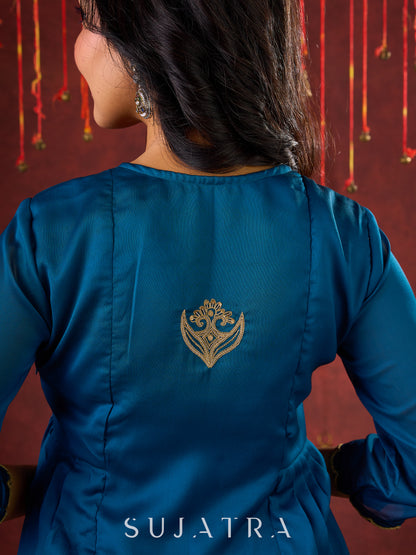 Teal Elegance Silk Panel Kurta with Minimalist Embroidery