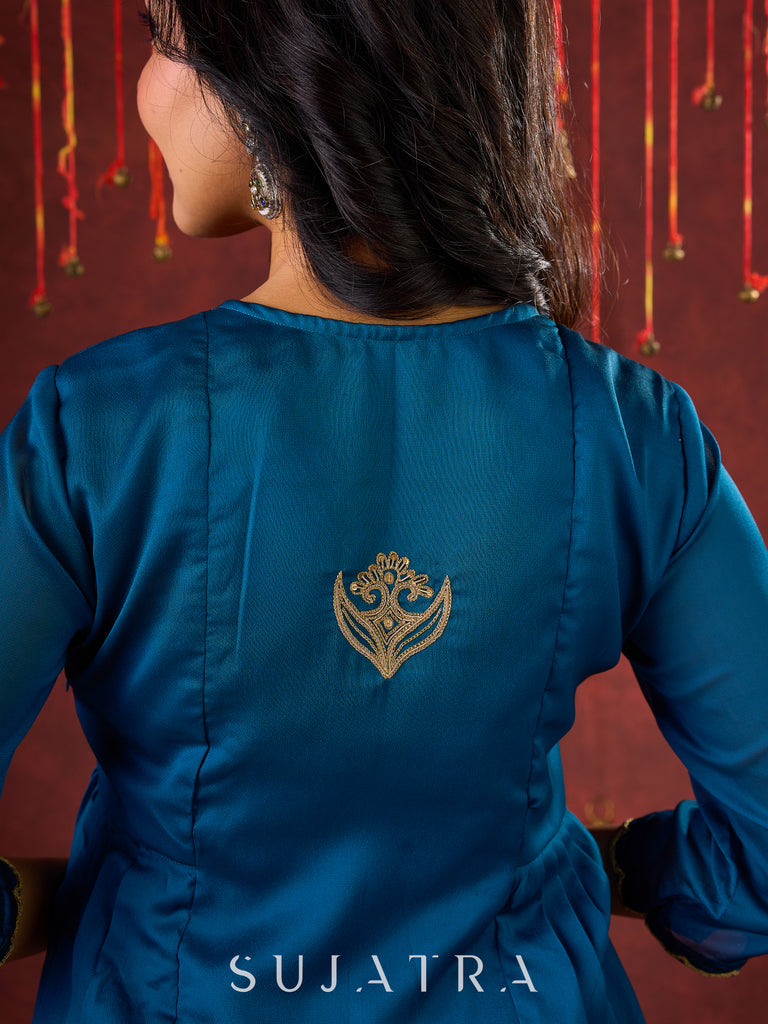 Teal Elegance Silk Panel Kurta with Minimalist Embroidery