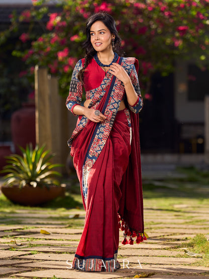 Chic Maroon Cotton Saree with Vibrant Ajrakh Kantha Patchwork & Madhubani Border