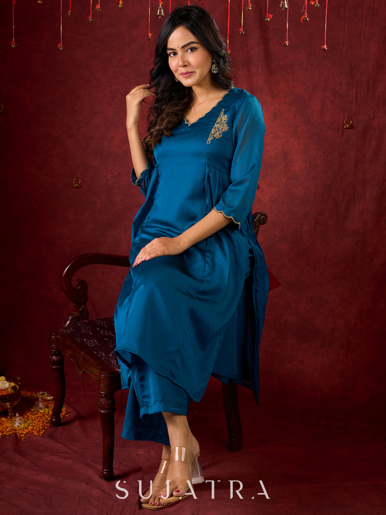Teal Elegance Silk Panel Kurta with Minimalist Embroidery