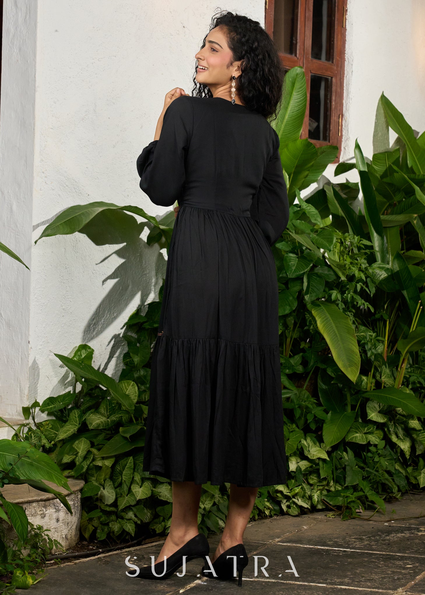 Trendy black rayon gathered one piece dress highlighted with