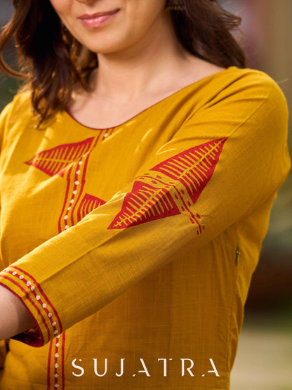 Mustard Cotton Kurta With Hand Block Printed Geometric Motifs & Border Detailing