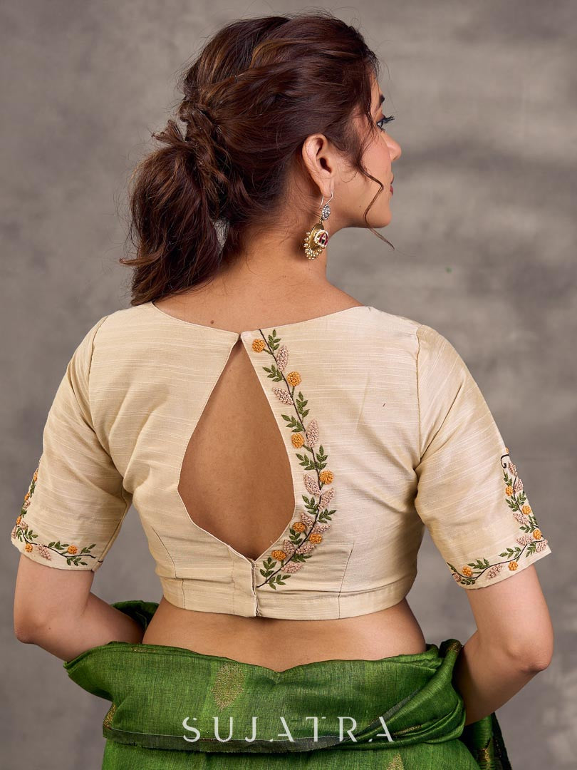 Cream Cotton Silk Blouse with Floral Hand Embroidery All-over & Sleeves