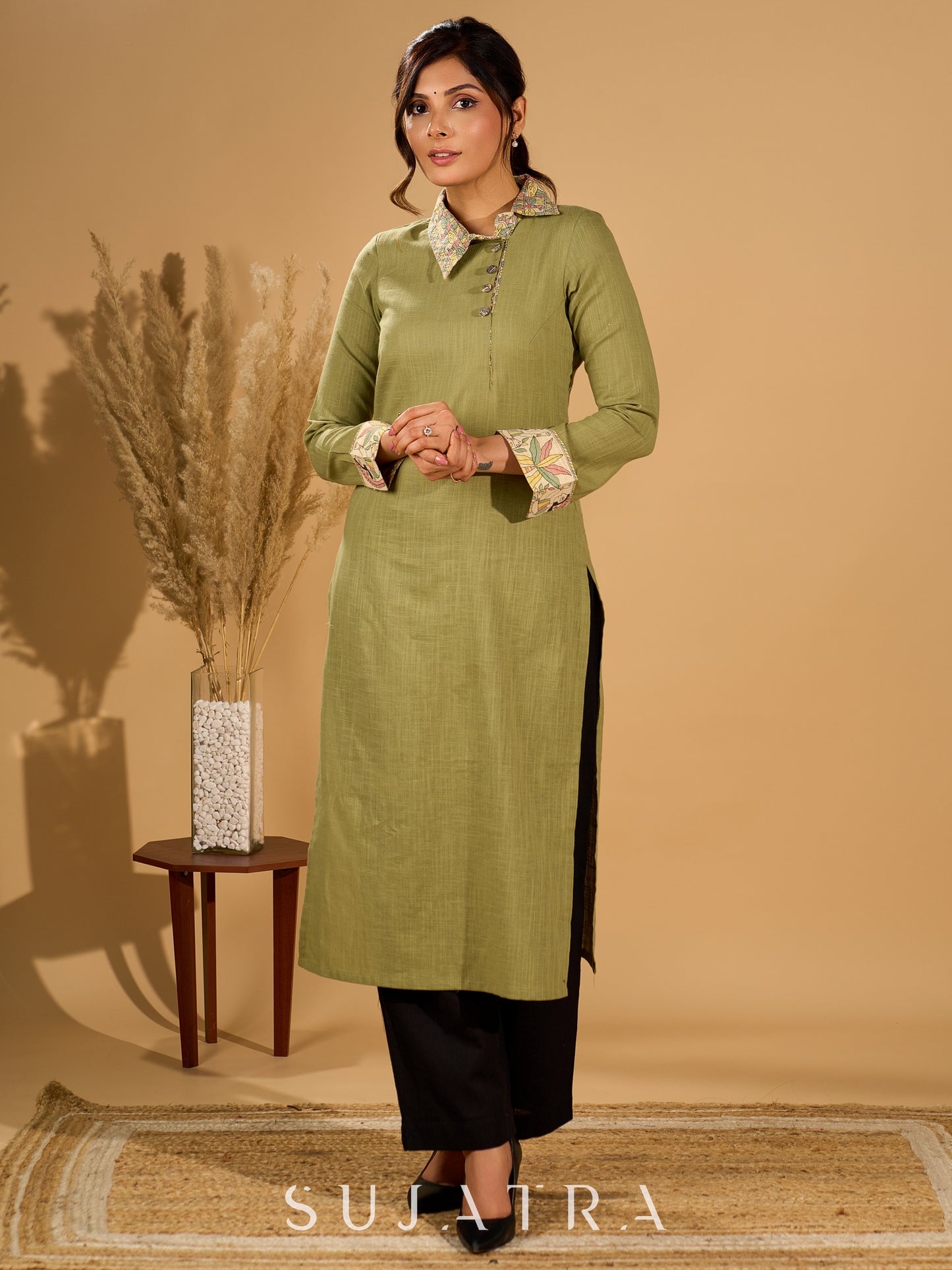 Meadow Mint Slub Kurta with Artistic Cuffs and Twisted Collar