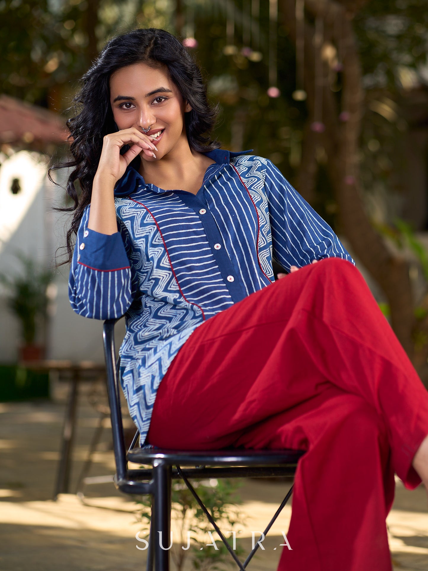 Indigo Heritage Cotton Flex Shirt with Hand-Blocked Stripe and Chevron Panels