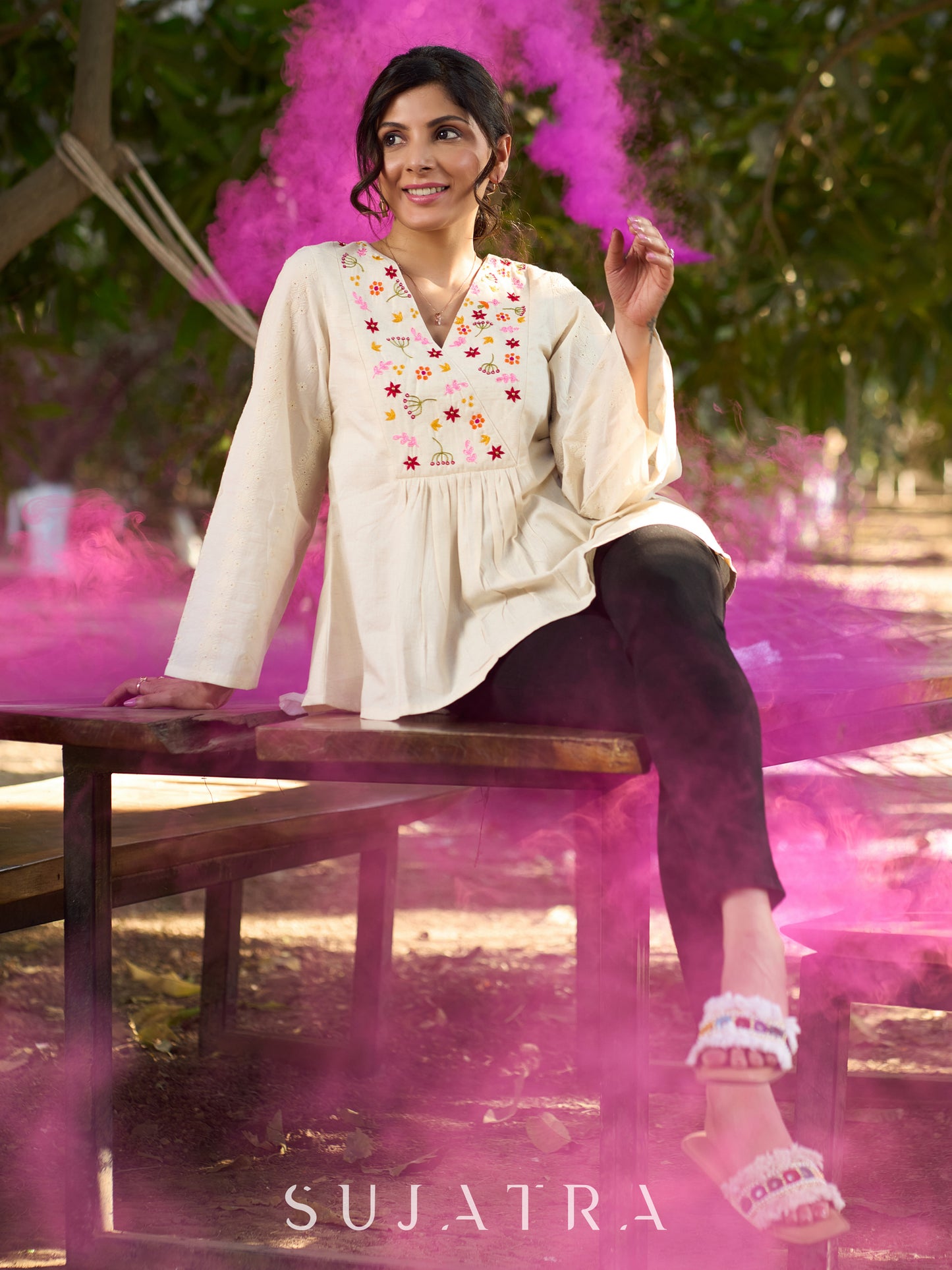 Off White Handloom Cotton Top with Intricate Hand Embroidered Floral Yoke & Elegant Hakoba Sleeves