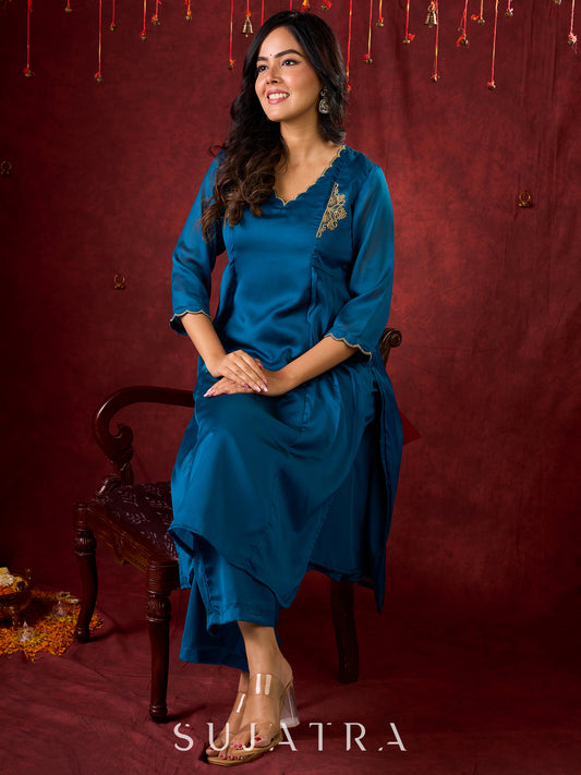 Teal Elegance Silk Panel Kurta with Minimalist Embroidery