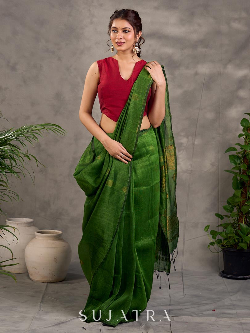 Refined Green Pure Linen Saree with Zari Motifs