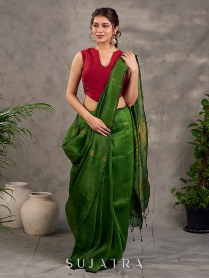 Refined Green Pure Linen Saree with Zari Motifs