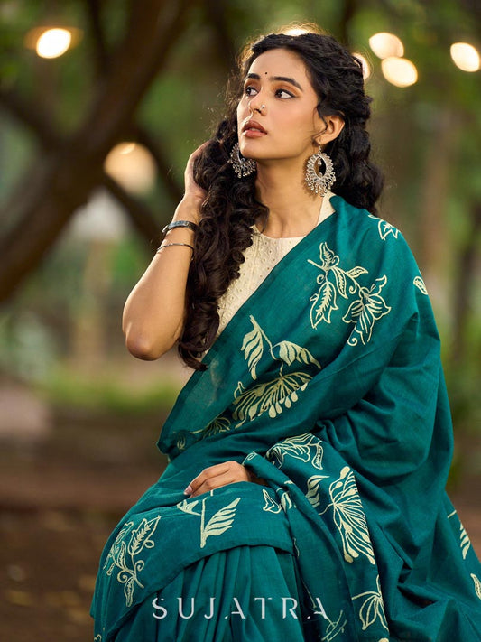 Elegant Rama Green Cotton Saree with Delicate Floral Hand Block Print