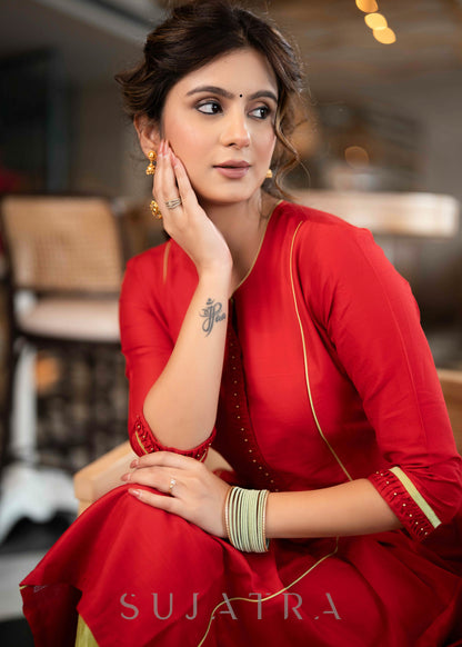 Elegant Red Cotton Silk A Line Kurta With Pin tucks & Gold Pearls On Placket