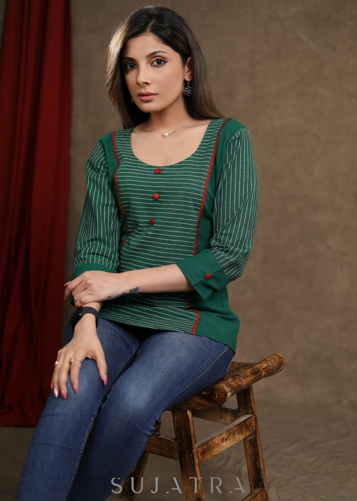 Trendy Green Cotton Ikkat Combination Top with Maroon Detailing