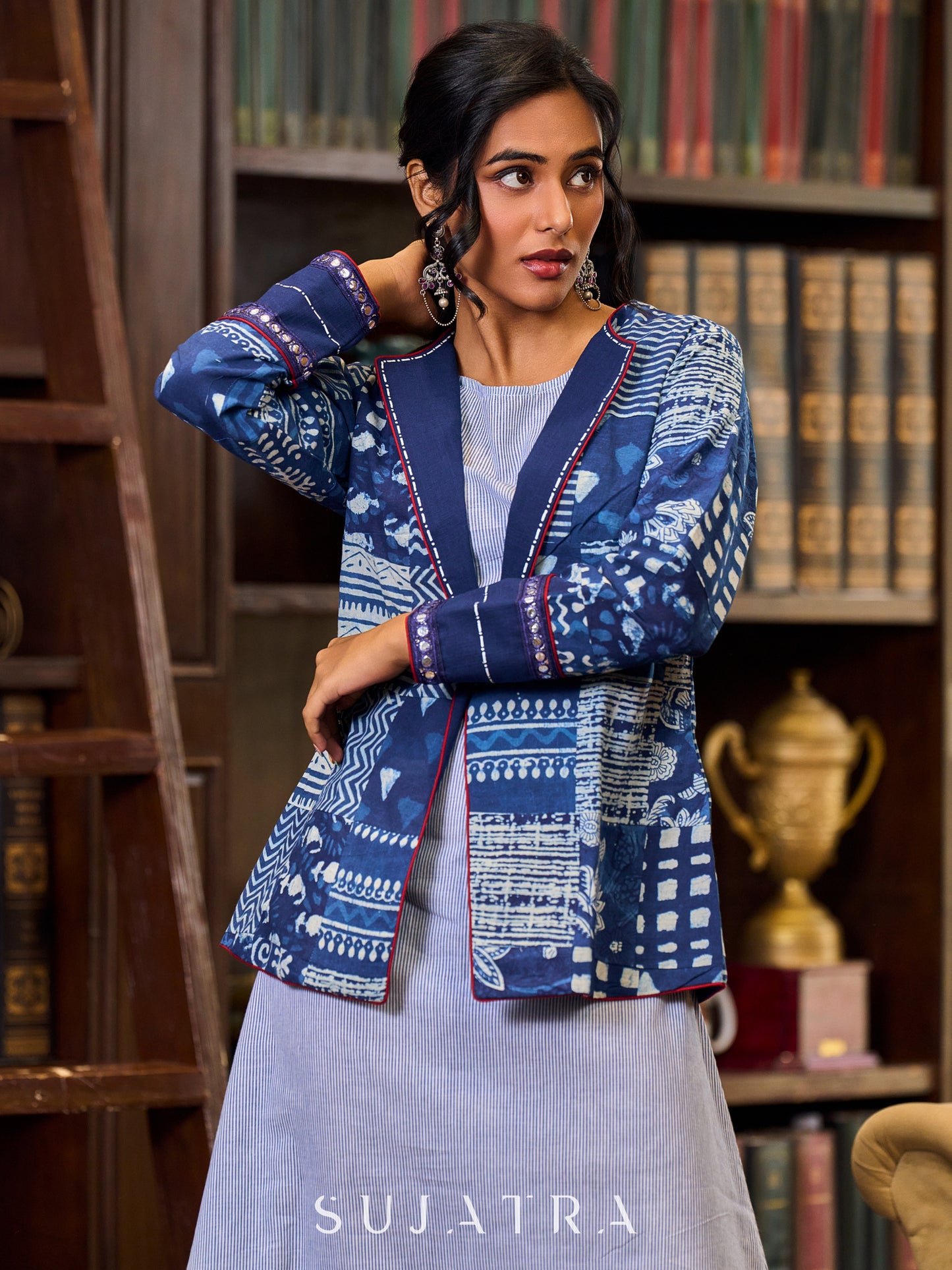 Indigo Patchwork Jacket With Hand Painted Collar And Cuffs Accentuated With Mirror Lace Highlights - Dress Optional