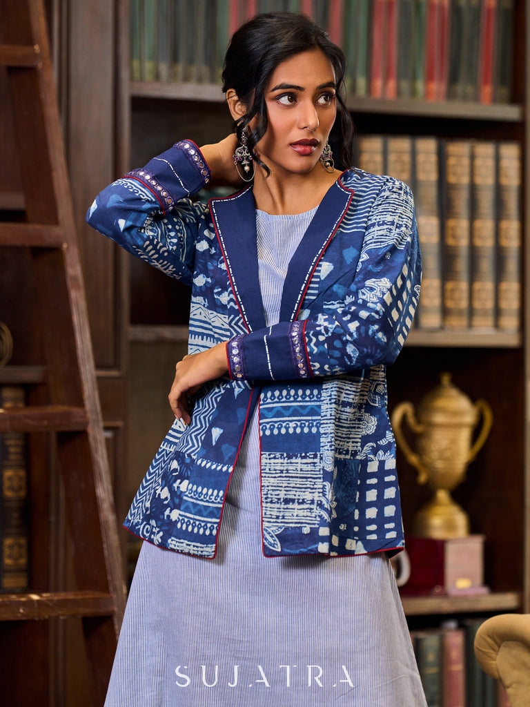 Indigo Patchwork Jacket With Hand Painted Collar And Cuffs Accentuated With Mirror Lace Highlights