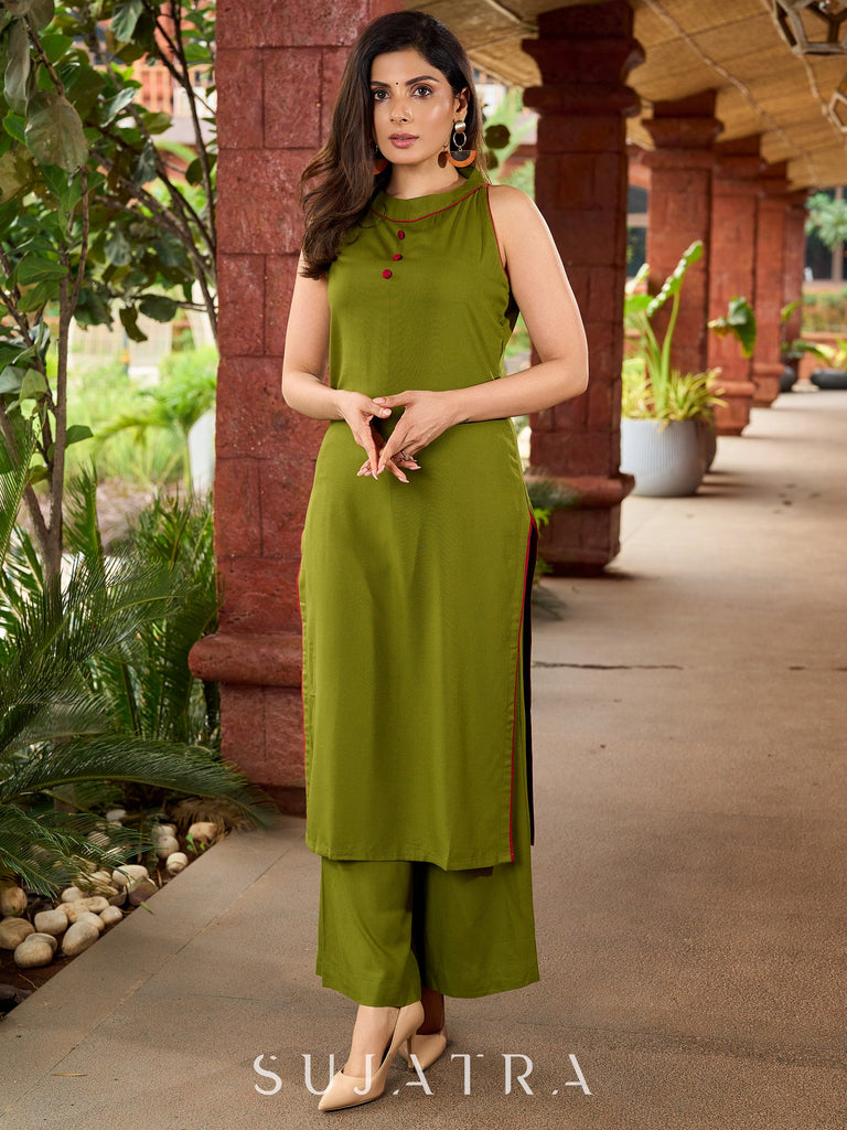 Mehndi green flowy  rayon halter neck kurta  - Pant Optional
