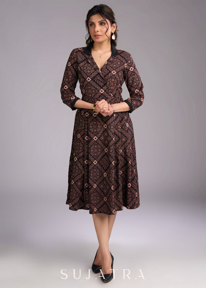 Black Beauty Ajrakh Cotton Dress with Collar