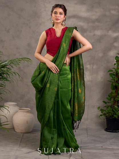 Refined Green Pure Linen Saree with Zari Motifs