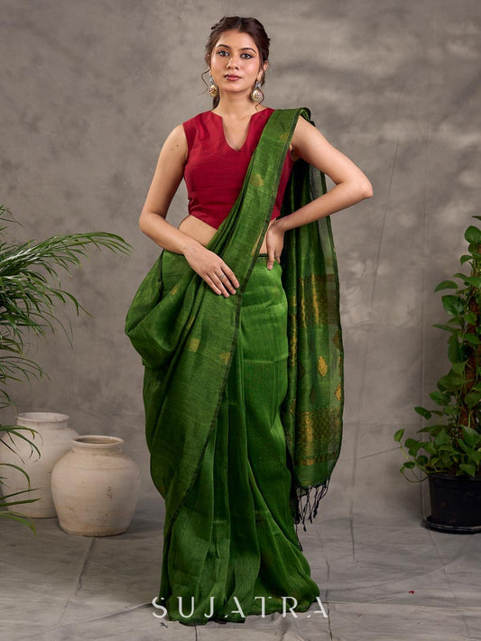 Refined Green Pure Linen Saree with Zari Motifs
