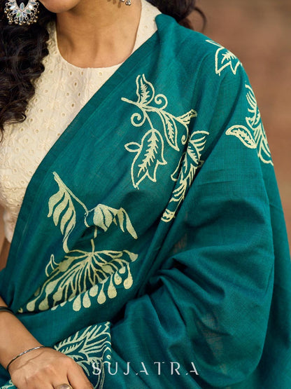 Elegant Rama Green Cotton Saree with Delicate Floral Hand Block Print