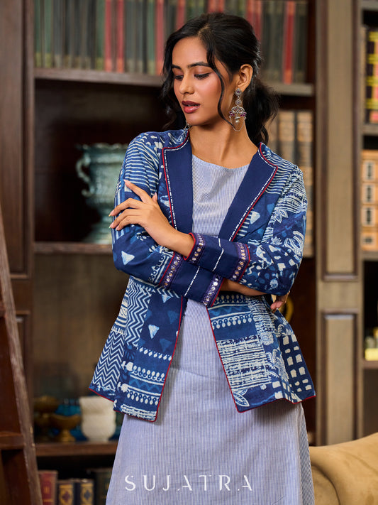 Artisanal Indigo Cotton Patchwork Jacket Enhanced with Mirror Lace and Handcrafted Painted Collar and Cuffs