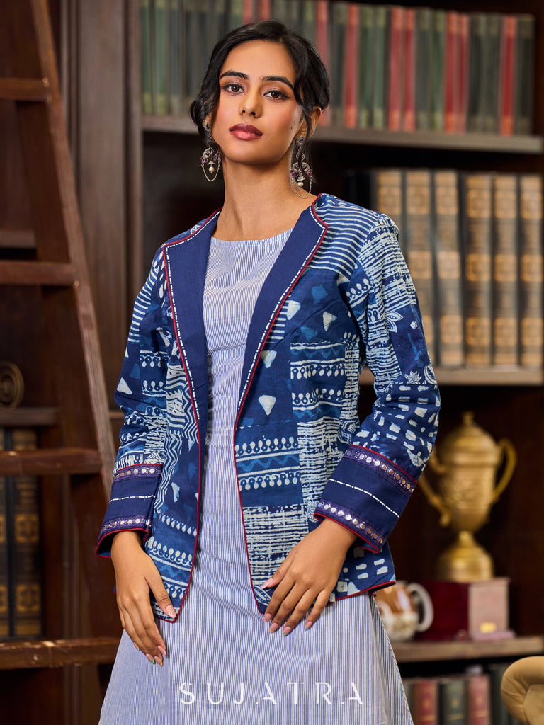 Indigo Patchwork Jacket With Hand Painted Collar And Cuffs Accentuated With Mirror Lace Highlights