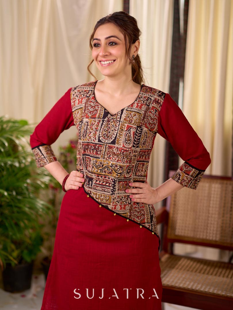 Deep Maroon Cotton Kurta with Asymmetric Kalamkari Print Yoke and Cuff Detail