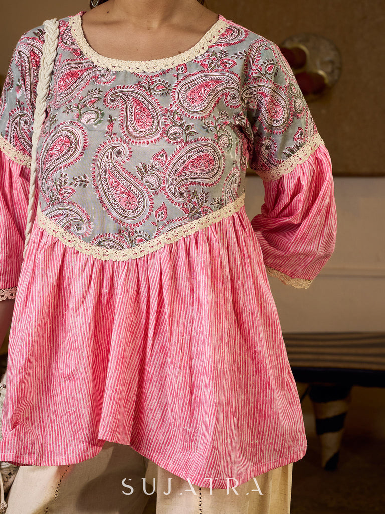Graceful Pink Gathered Top Featuring A Paisley Printed Yoke And Coordinated Sleeves