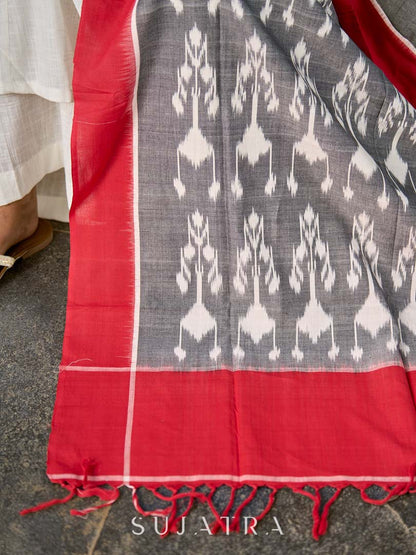 Graceful Grey & Red Combination Ikat Cotton Dupatta