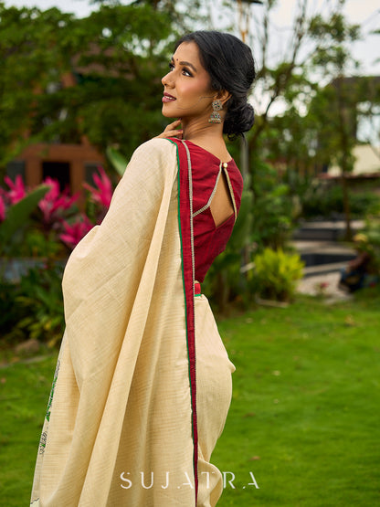 Statement Cream Cotton Saree with Pichwai Cow Painting & Contrast Trim