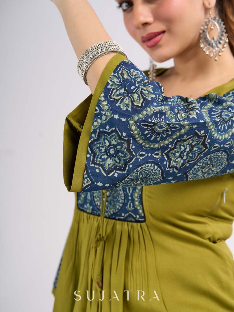 Olive Rayon Designer Top with Ajrakh Yoke and Statement Neckpiece-Tie Up Drawstring