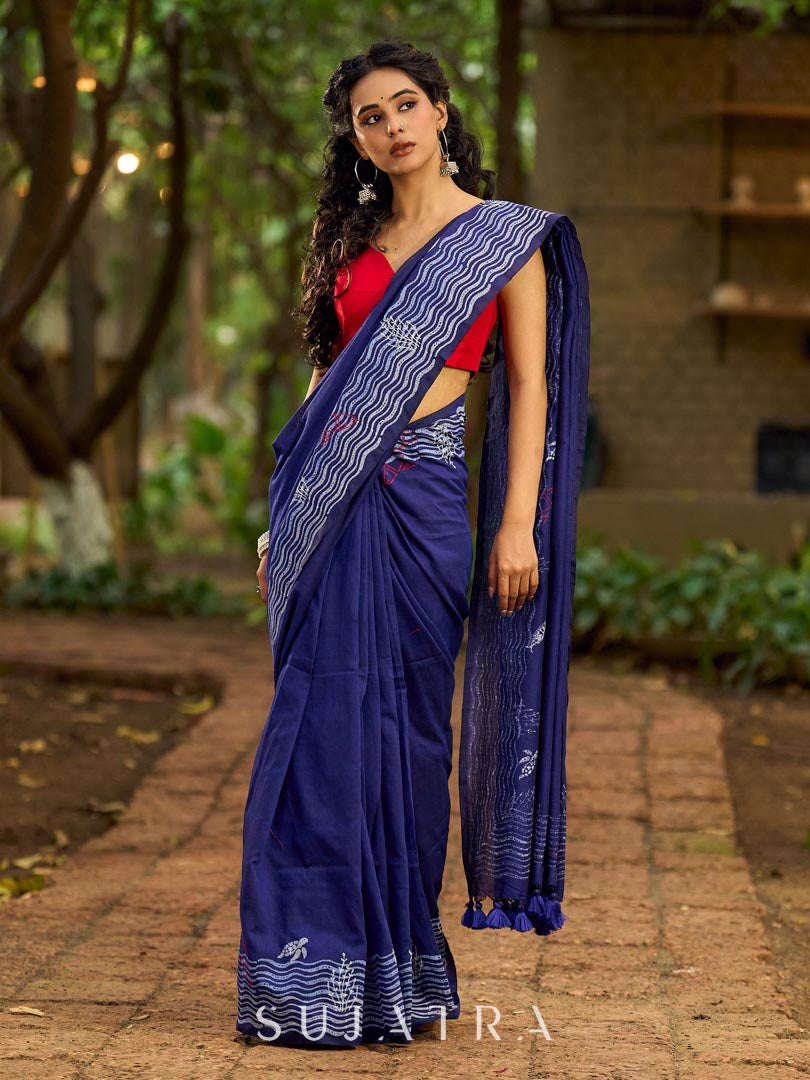 Vibrant Royal Blue Hand Block Printed Cotton Saree