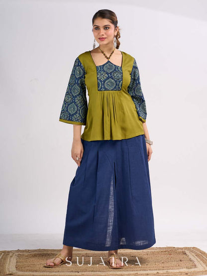 Olive Rayon Designer Top with Ajrakh Yoke and Statement Neckpiece-Tie Up Drawstring