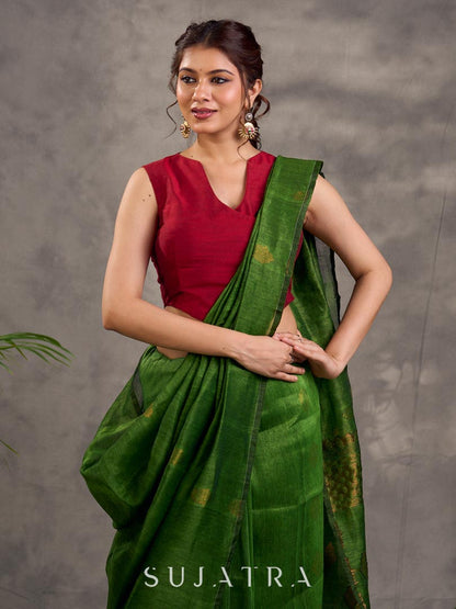 Refined Green Pure Linen Saree with Zari Motifs