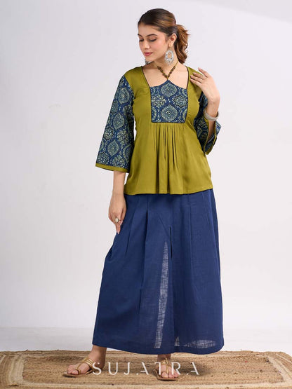 Olive Rayon Designer Top with Ajrakh Yoke and Statement Neckpiece-Tie Up Drawstring
