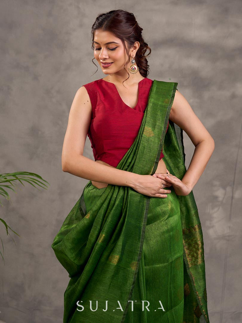 Maroon Cotton Silk Sleeveless Blouse with Asymmetric Wrap Front and Gold Button Detail