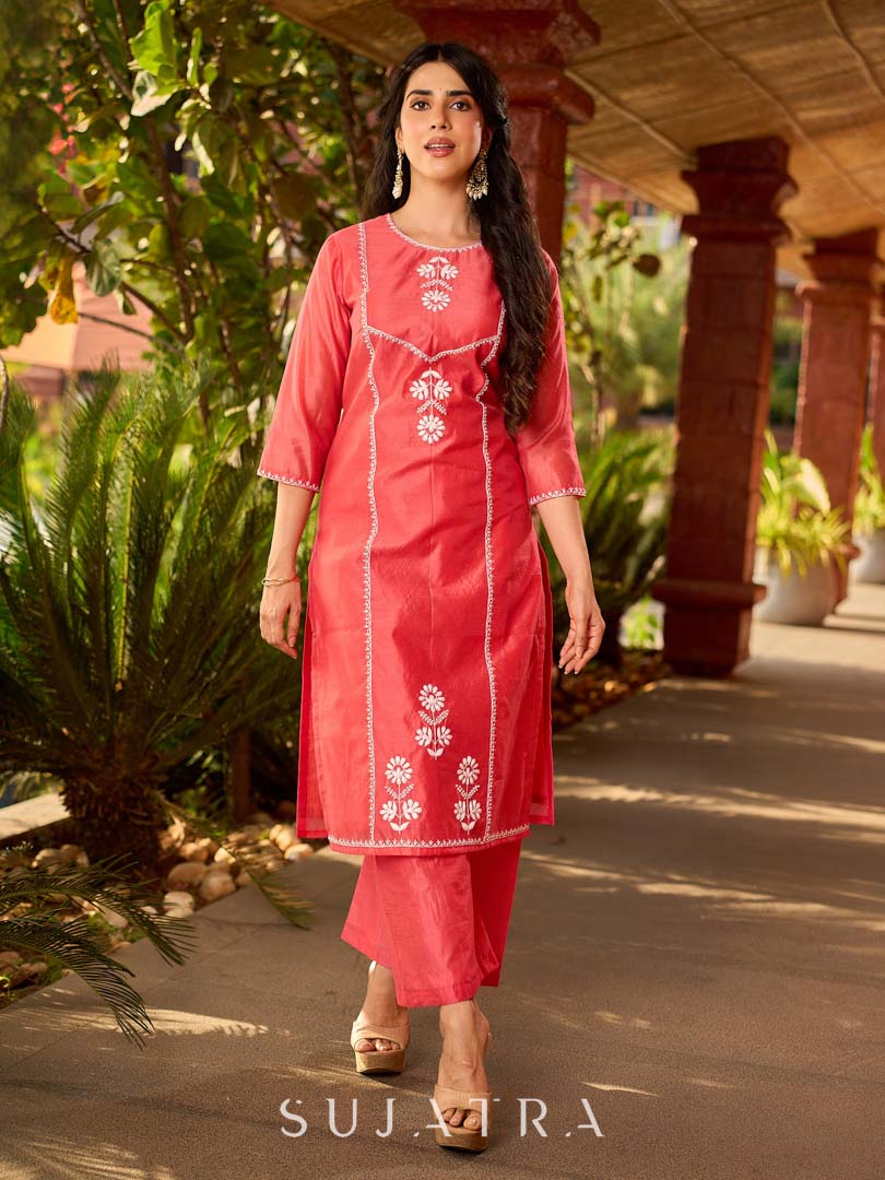 Minimal Coral Chanderi Kurta with Detailed Chikankari Embroidery & Soft Finish